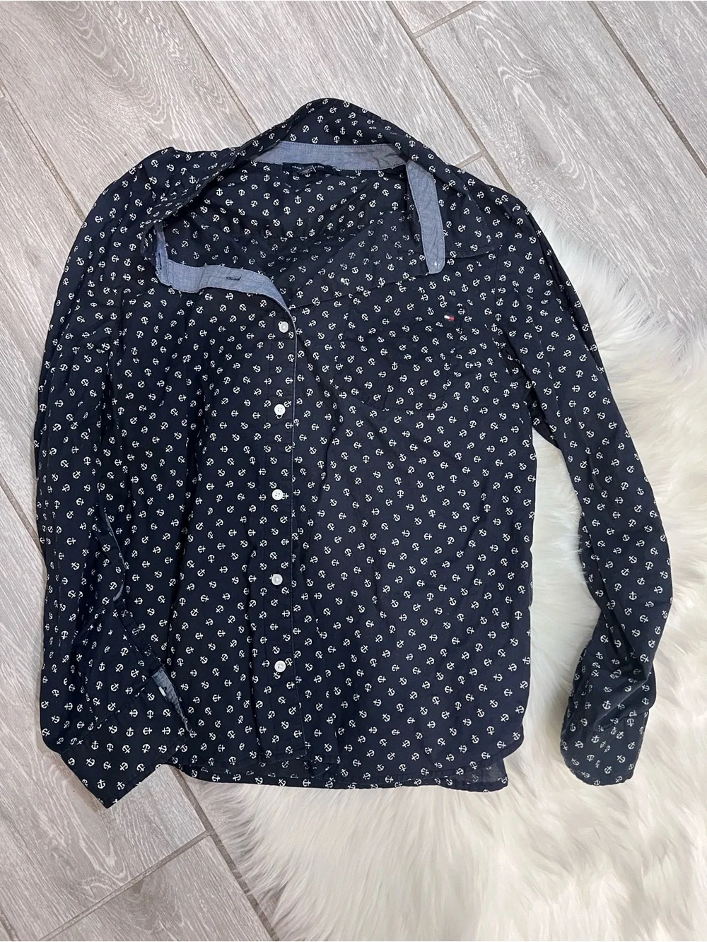 Tommy Hilfiger Navy Button-Down Shirt with White Anchor Print